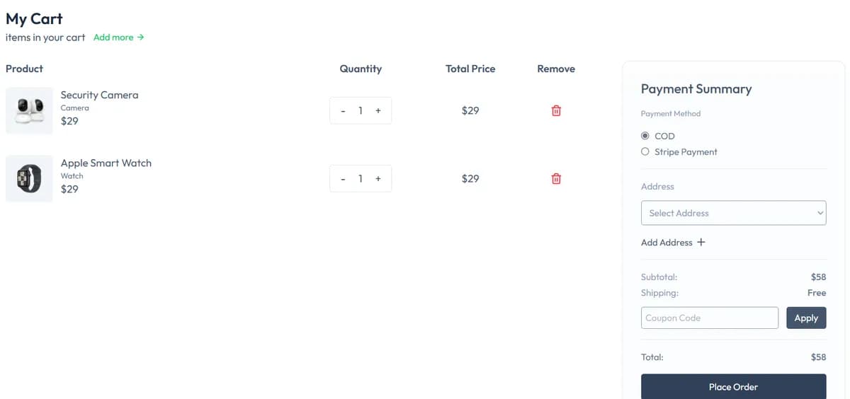 Gadget template — Cart & checkout